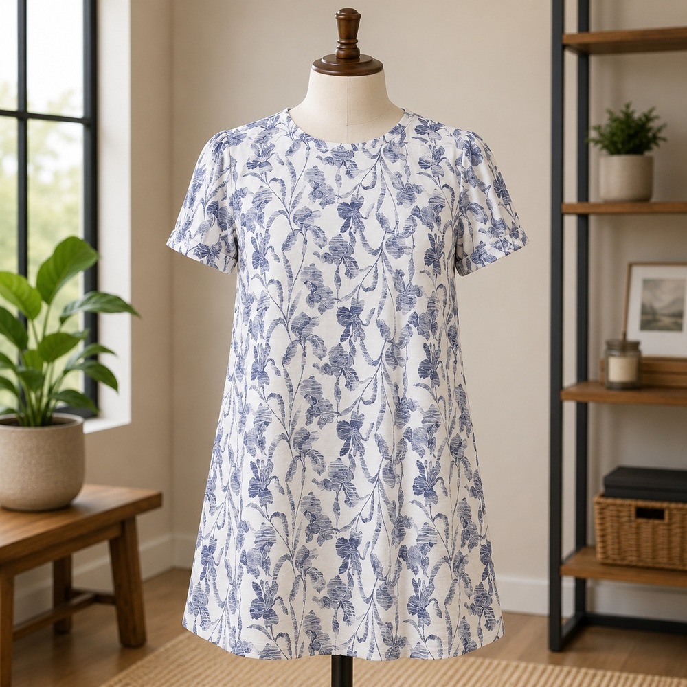 Stan Herman Floral Nightgown Women 1X Blue Long Sleeve Knit Lounge Dress 2551